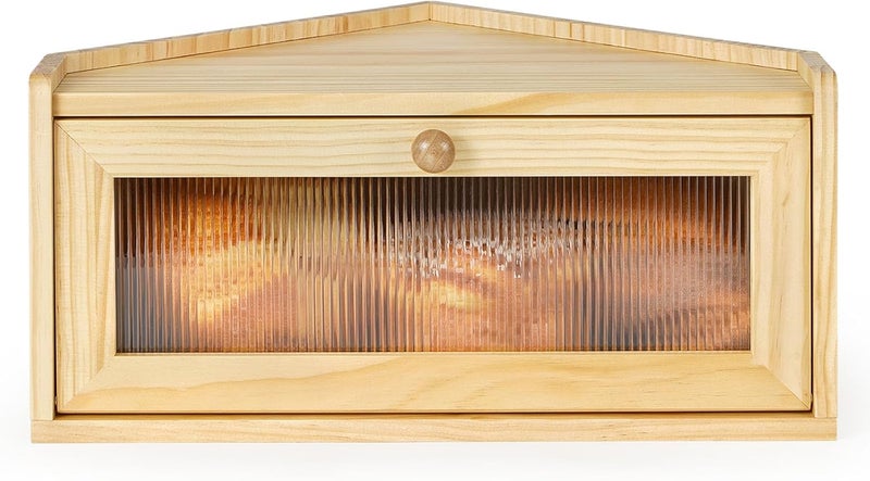 Sunhoo Bread Box for Kitchen Countertop Wooden Corner Breadbox Counter Food Storage Bin Container Farmhouse Rustic Homemade Bread Fresh Keeper Organizer Holder Vintage Stackable with Window (Yellow) - Image 1